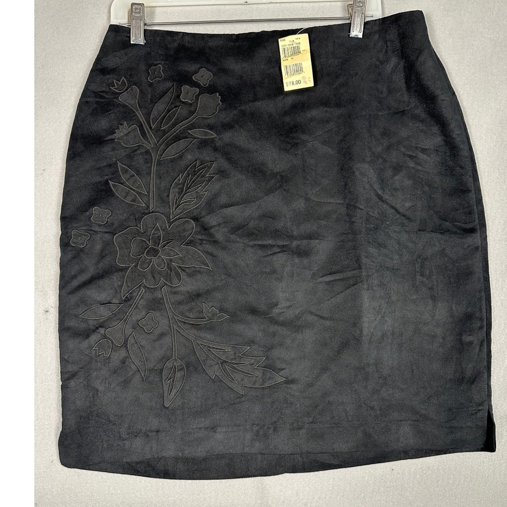NEW Acorn Pencil Skirt Womens 12 Black Floral Embroidered Mini Faux Suede Office